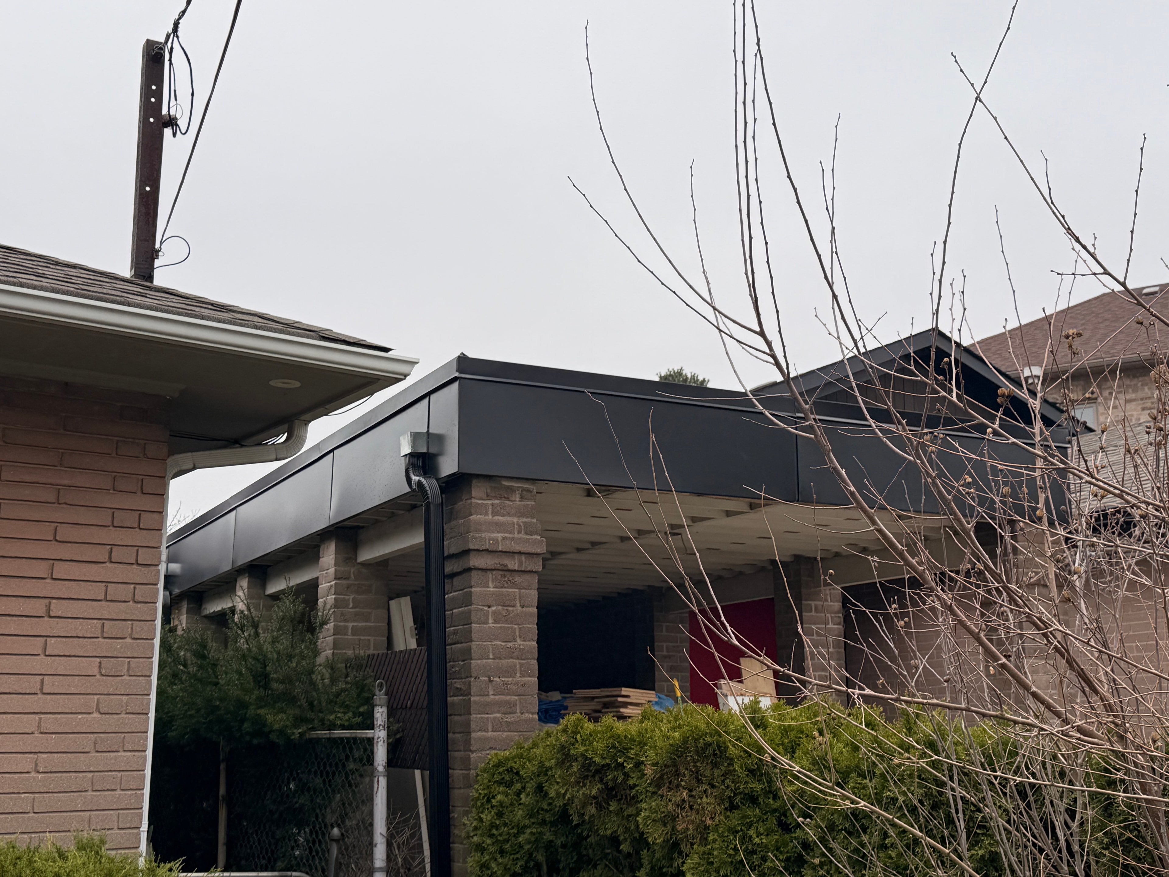Dark Metal Fascia — Residential Canopy, Brick Columns — Primus Sheet Metal Corp. GTA