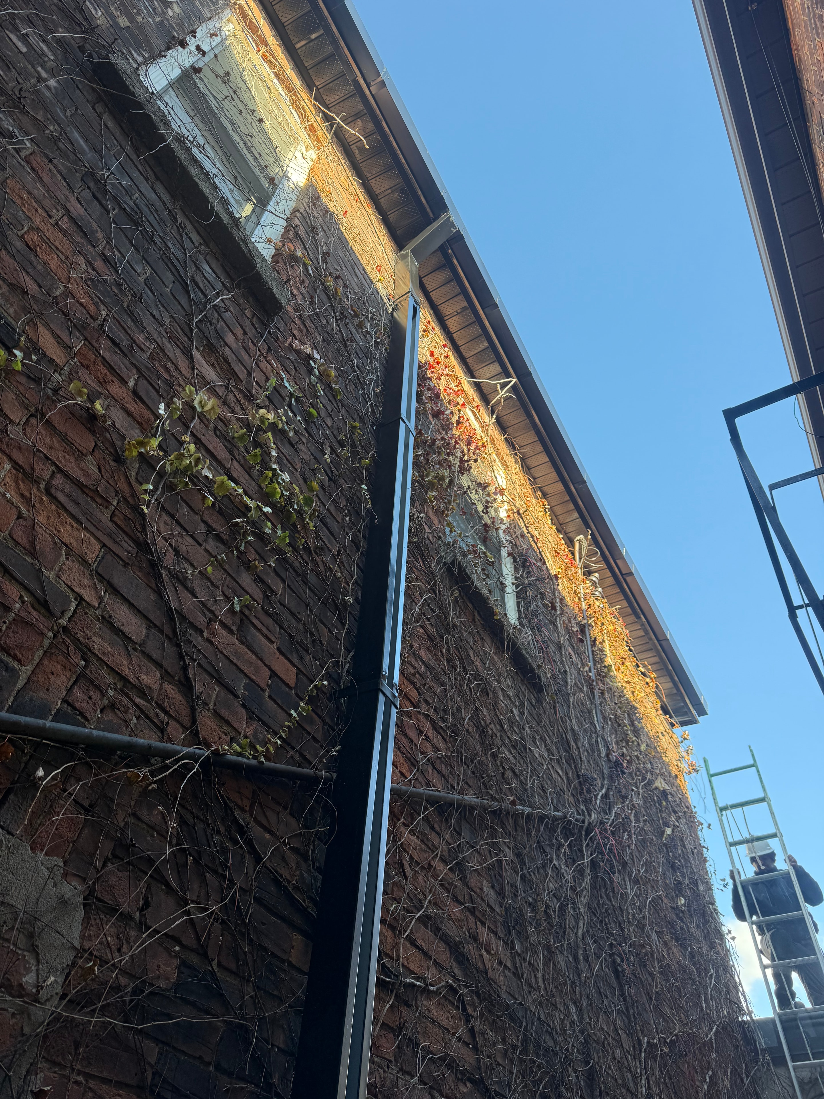Dark eavestrough — commercial building in snow conditions, GTA
